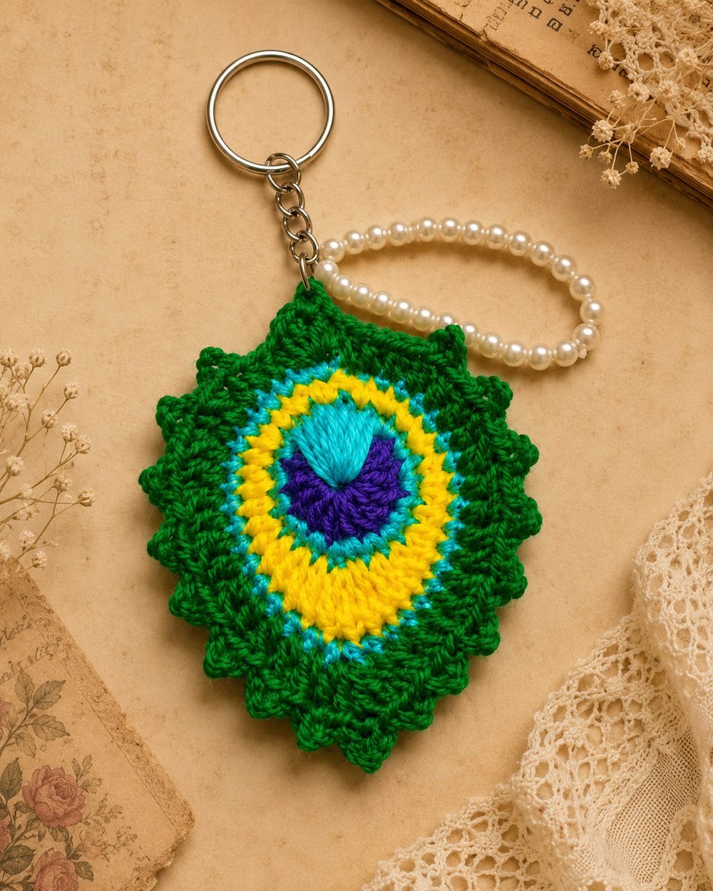 Handmade peacock-feather-inspired keychain 1