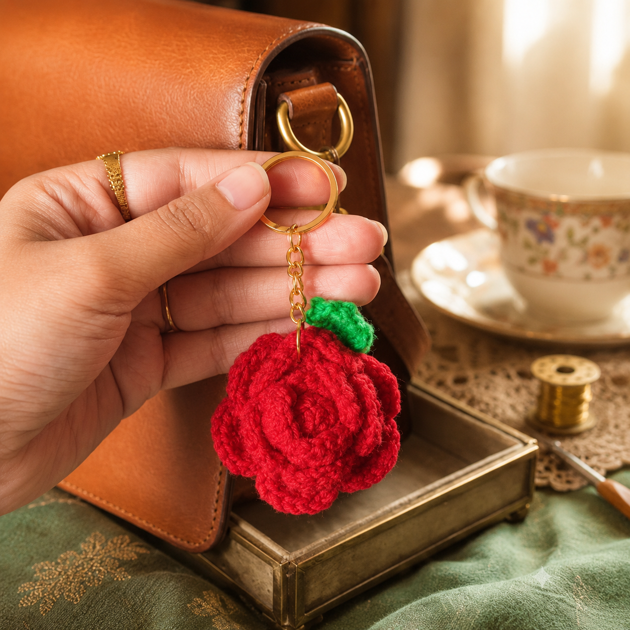 Handmade Crochet Rose Flower Keychain