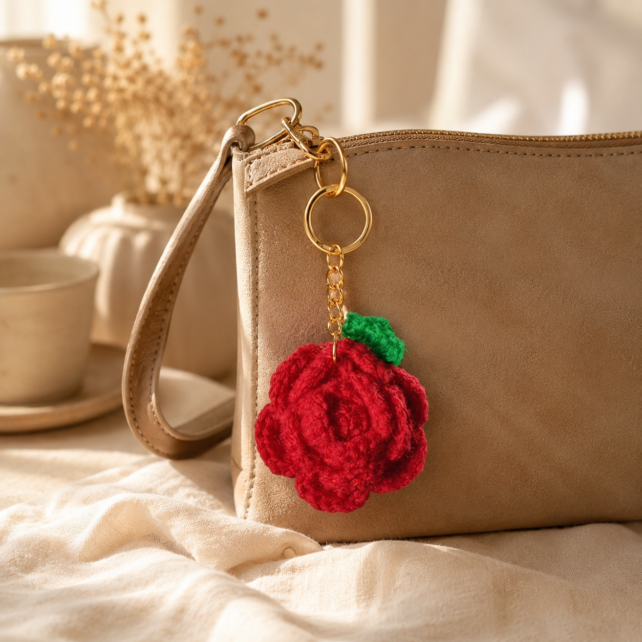 Handmade Crochet Rose Flower Keychain