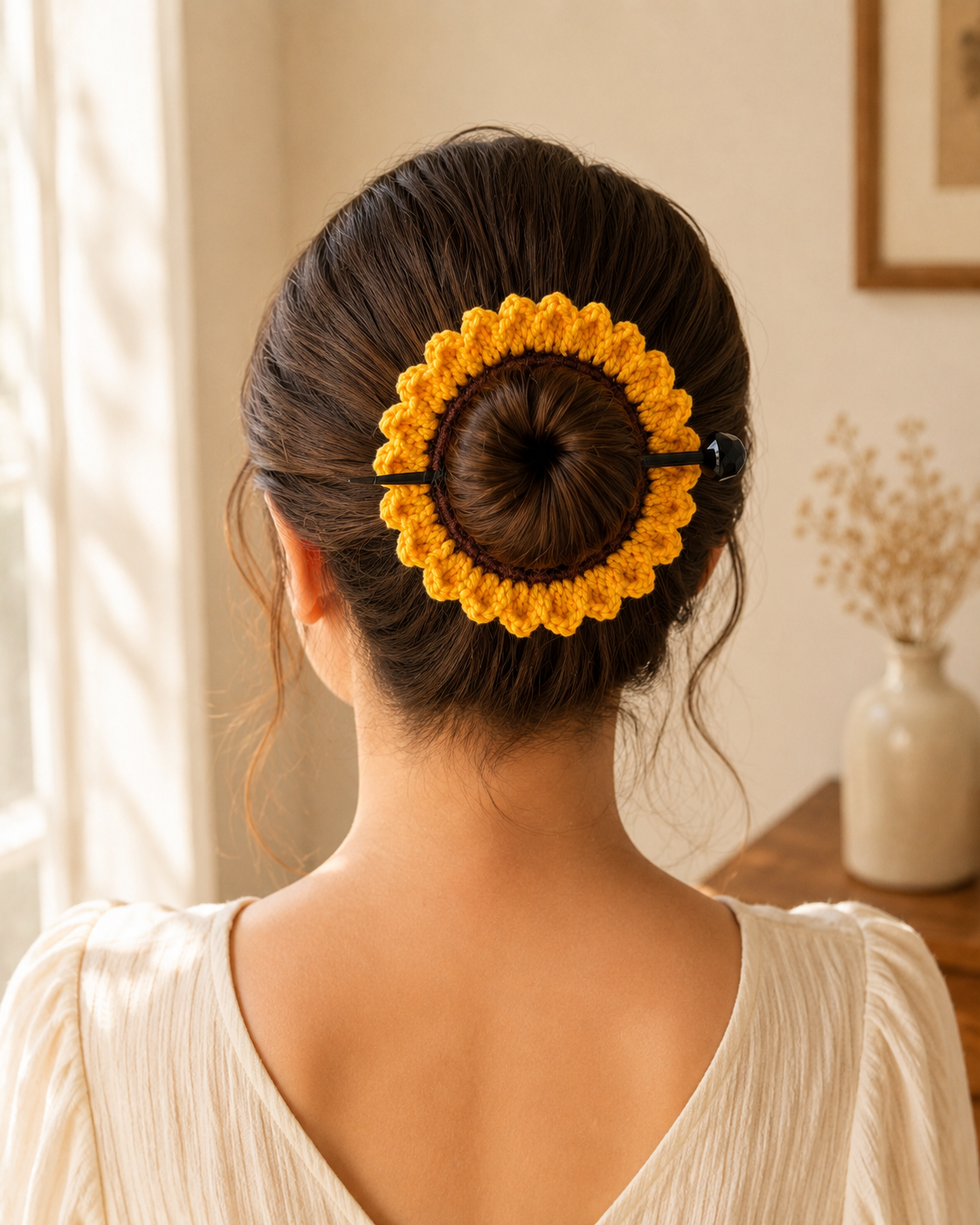 Handmade Crochet Circular Hair Bun Holder with Hair Stick