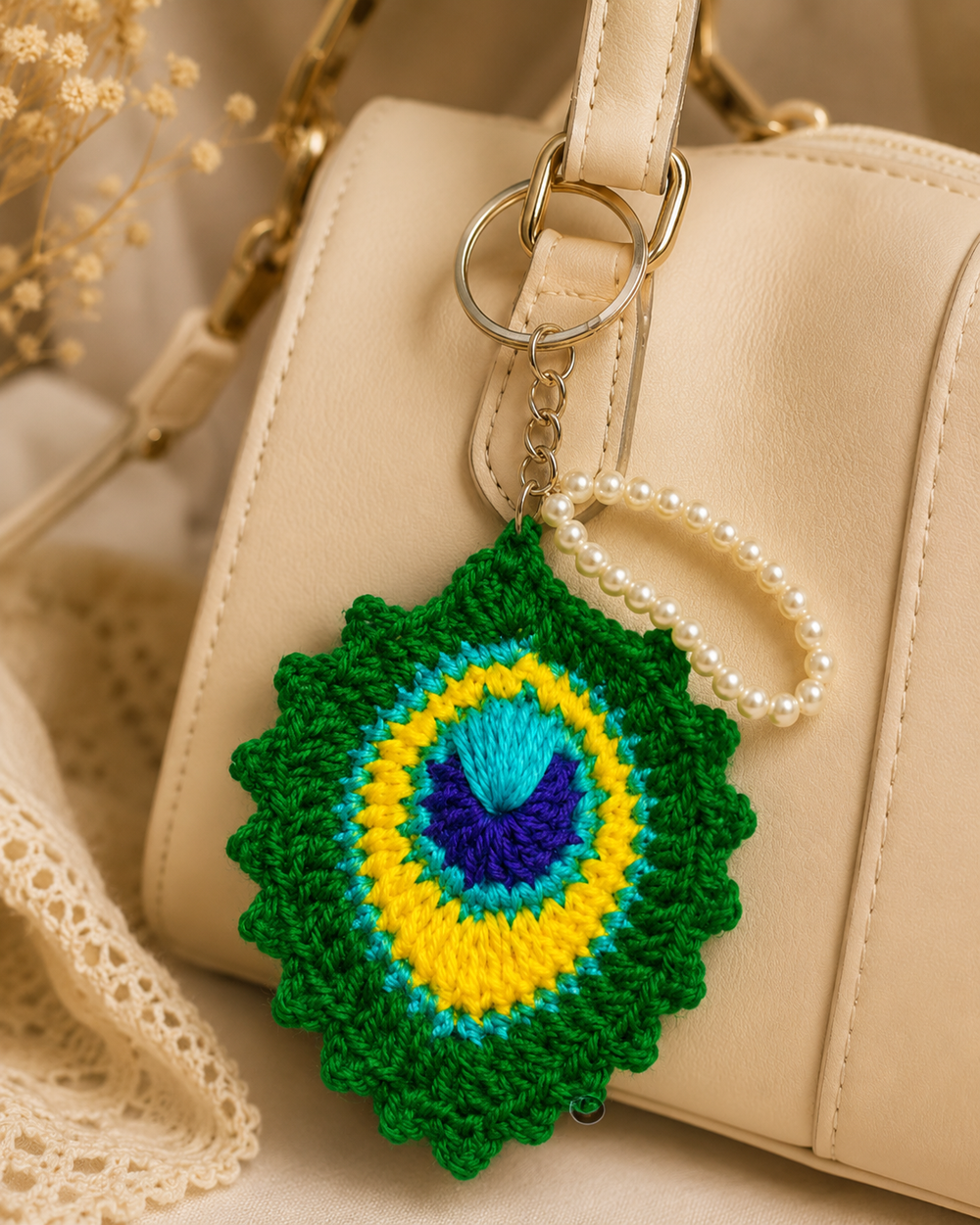 Handmade peacock-feather-inspired keychain 2