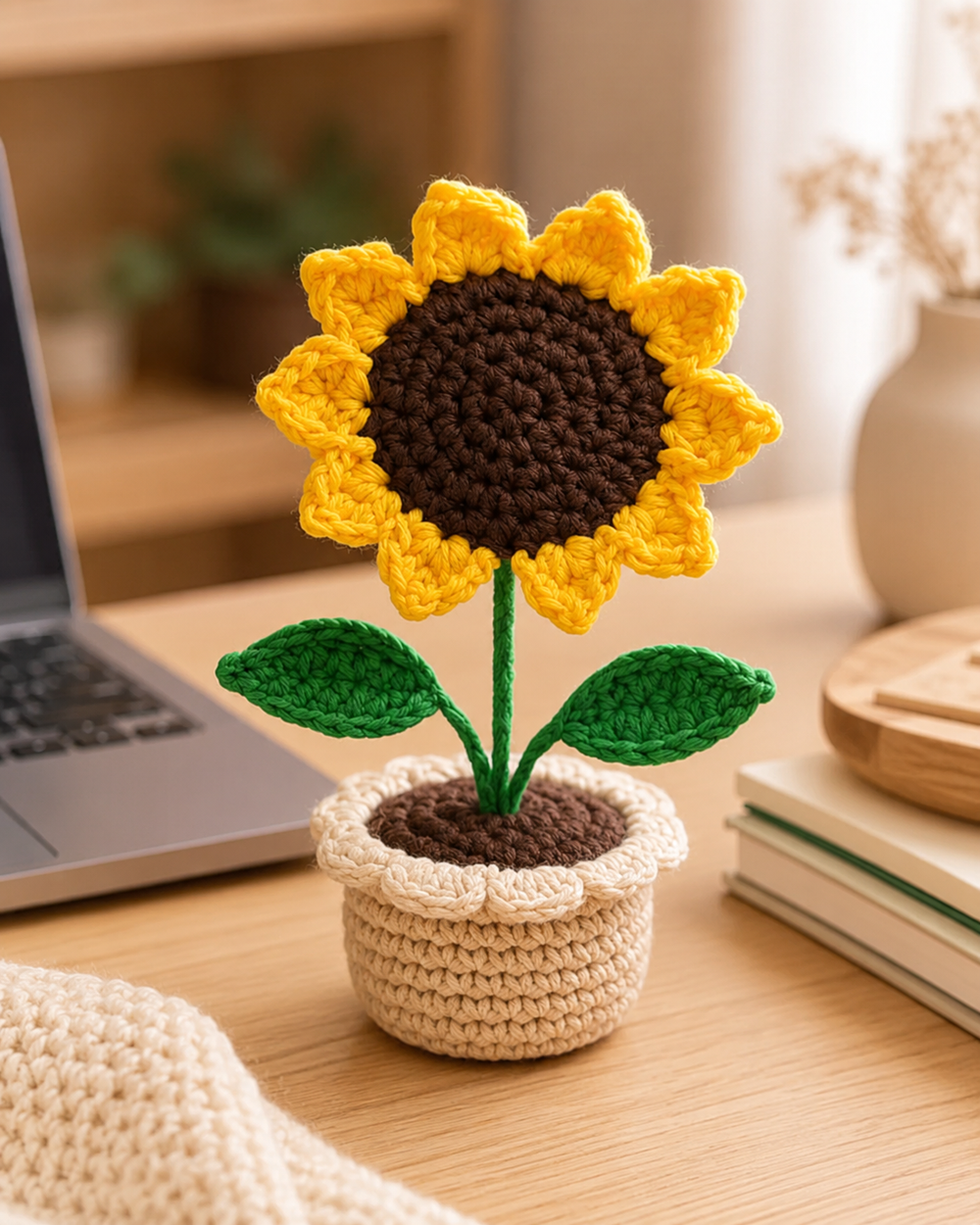 Crocheted sunflower in a small beige pot 2