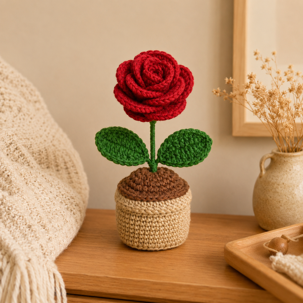 Crocheted  Red in a small beige pot 1