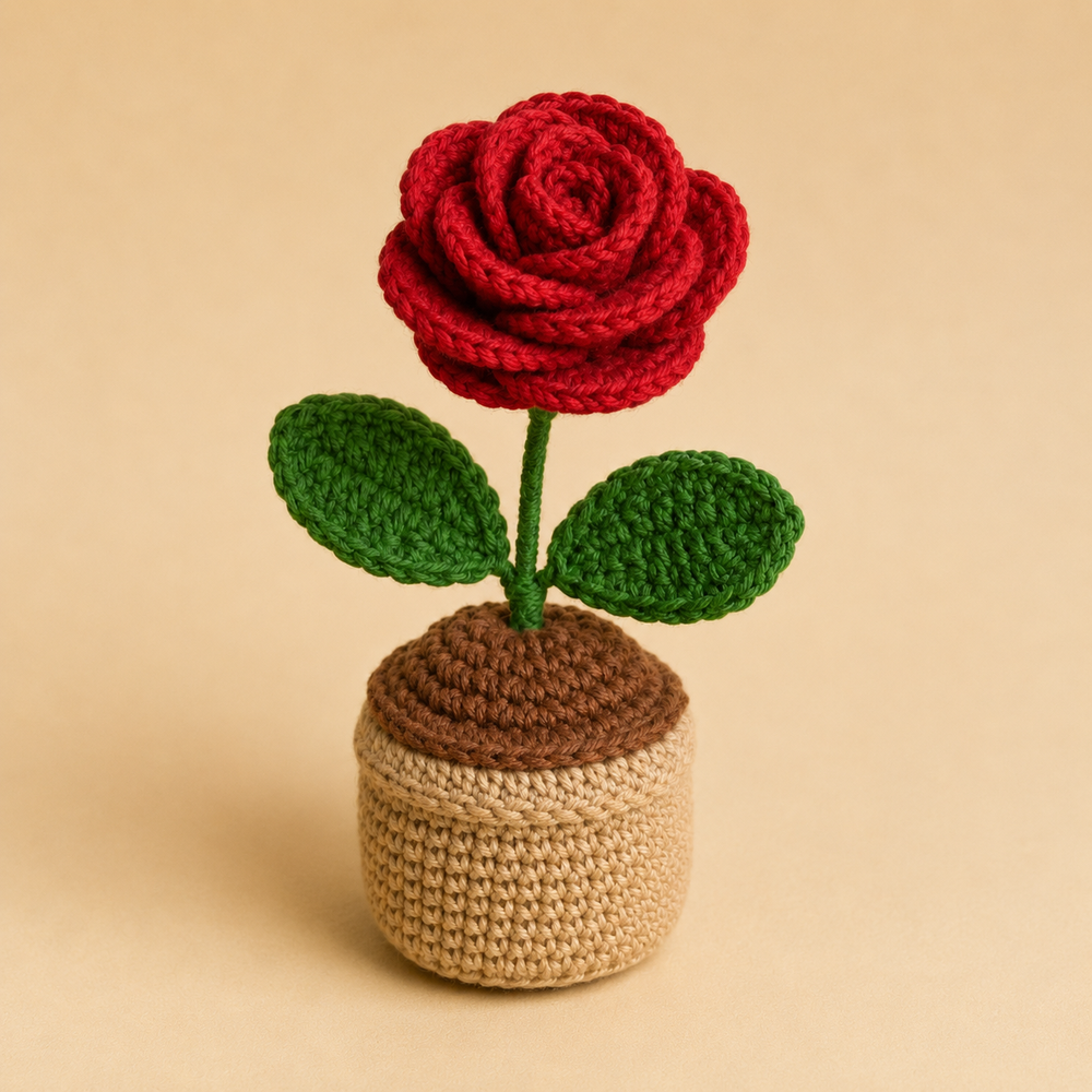 Crocheted  Red in a small beige pot 2