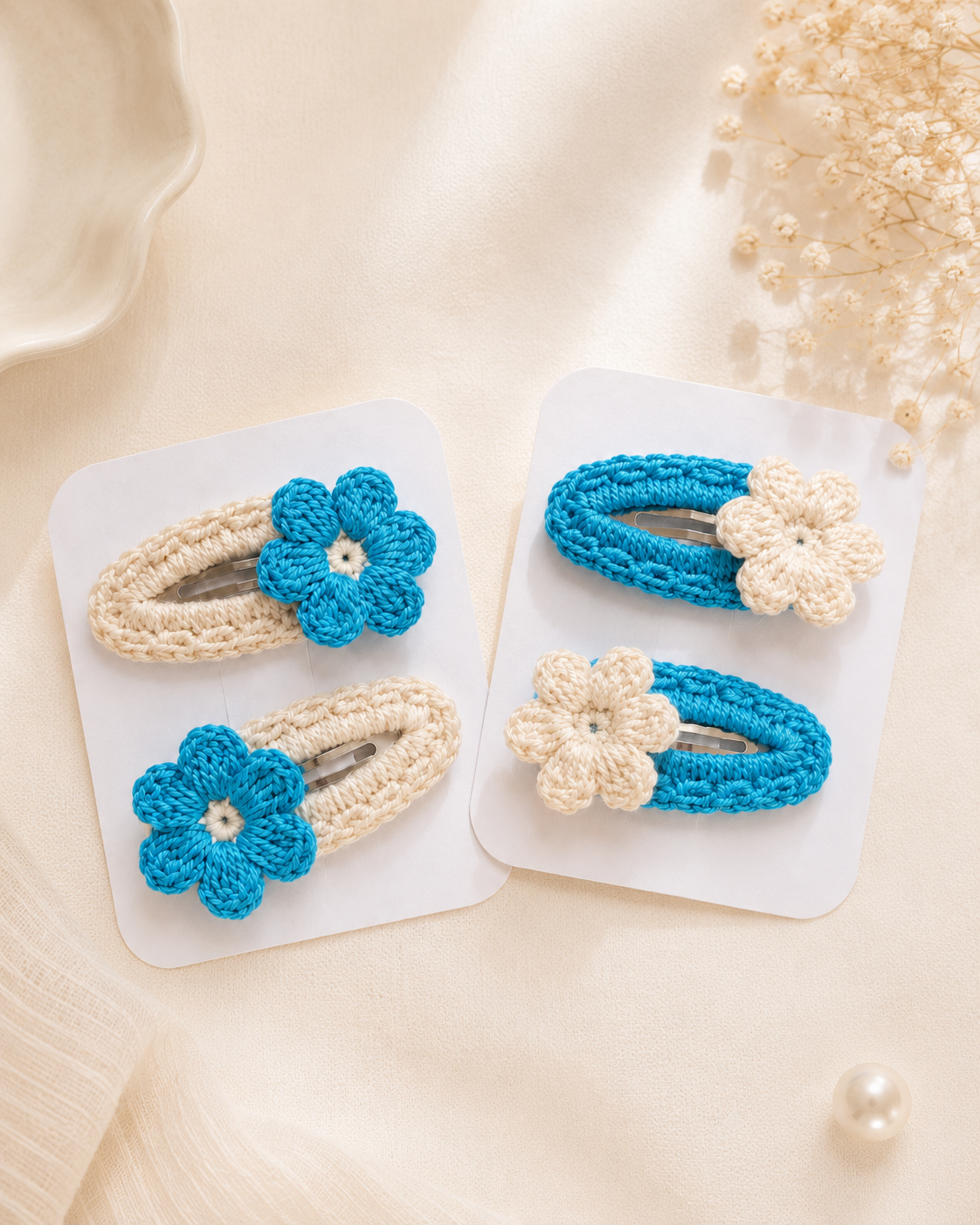 Bloom Duo Handmade Crochet Floral Hair Clips – Set of 4