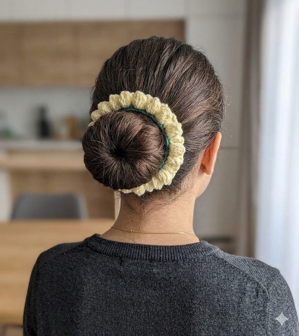 Handmade Crochet Circular Hair Bun Holder with Stick – Cream
