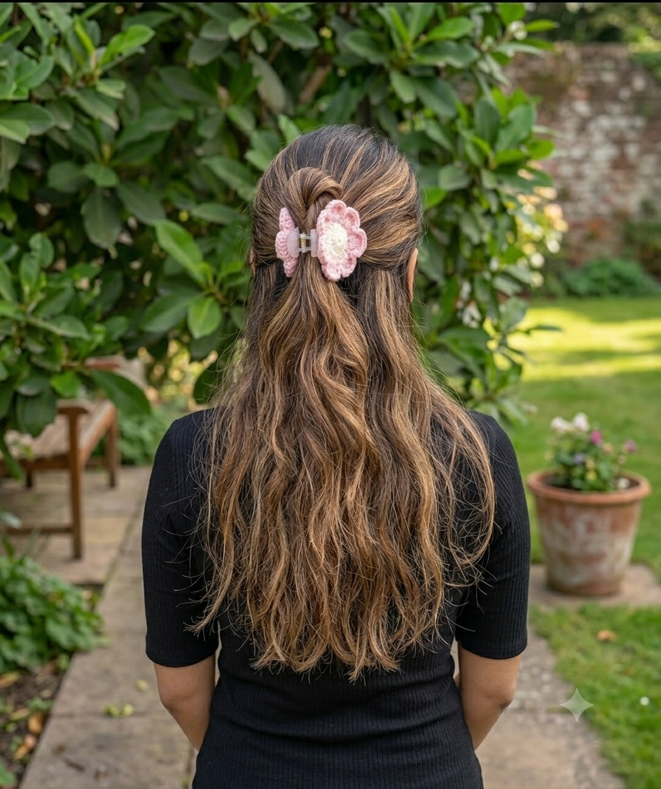 Lencho handmade crochet flower hair claw clip in pink and cream, product view