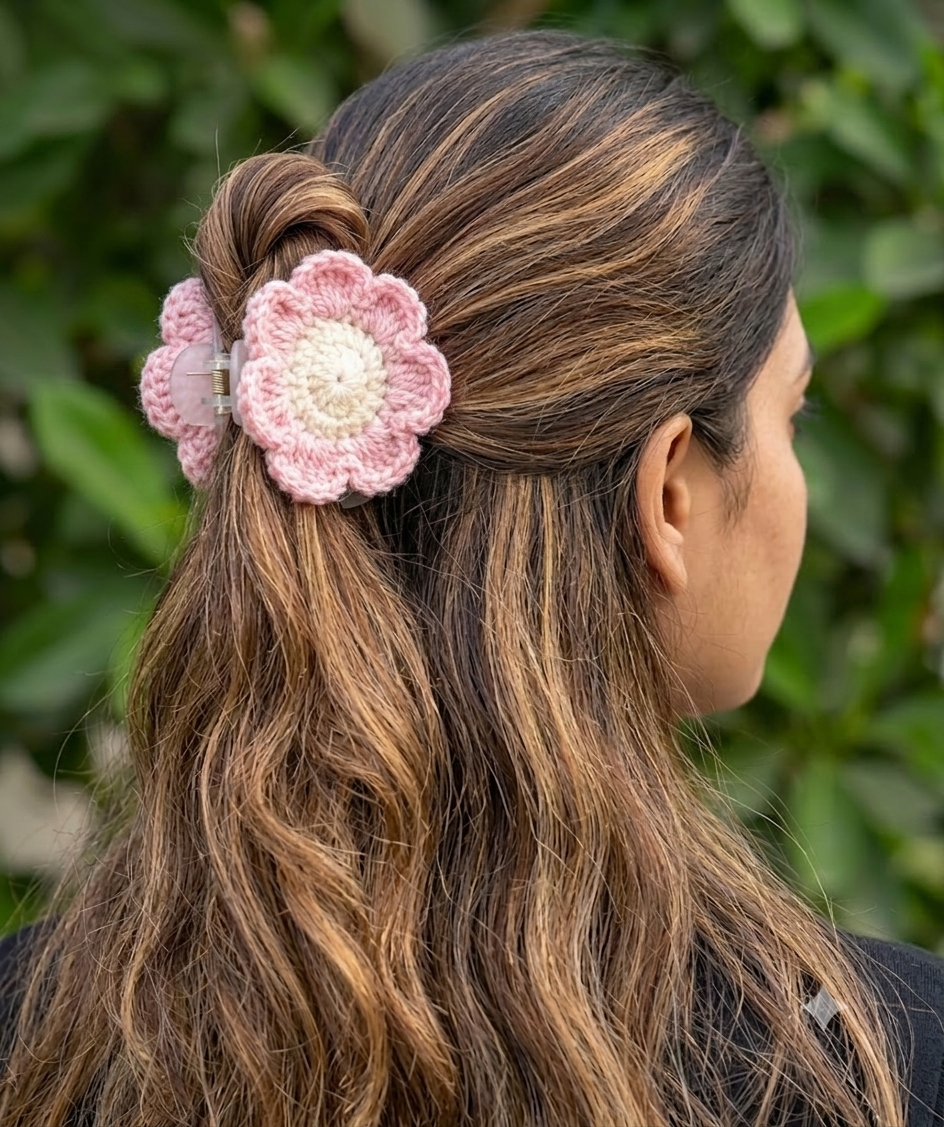 Lencho pink and cream crochet flower hair claw clip, alternate view