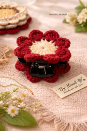 Lencho handmade crochet flower hair claw clip in red and cream, product view