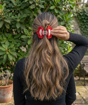 Lencho red and cream crochet flower hair claw clip, alternate view