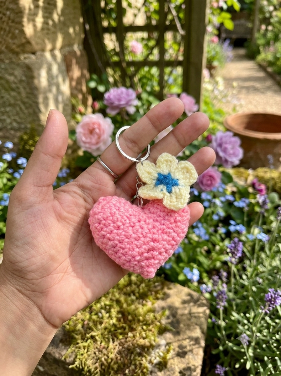 Lencho handmade crochet heart and flower combo keychain in multicolor, product view