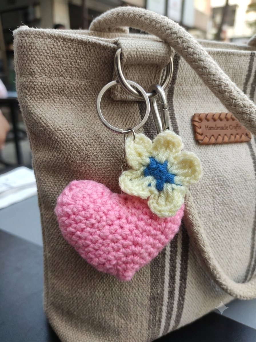 Lencho multicolor crochet heart and flower combo keychain, alternate view