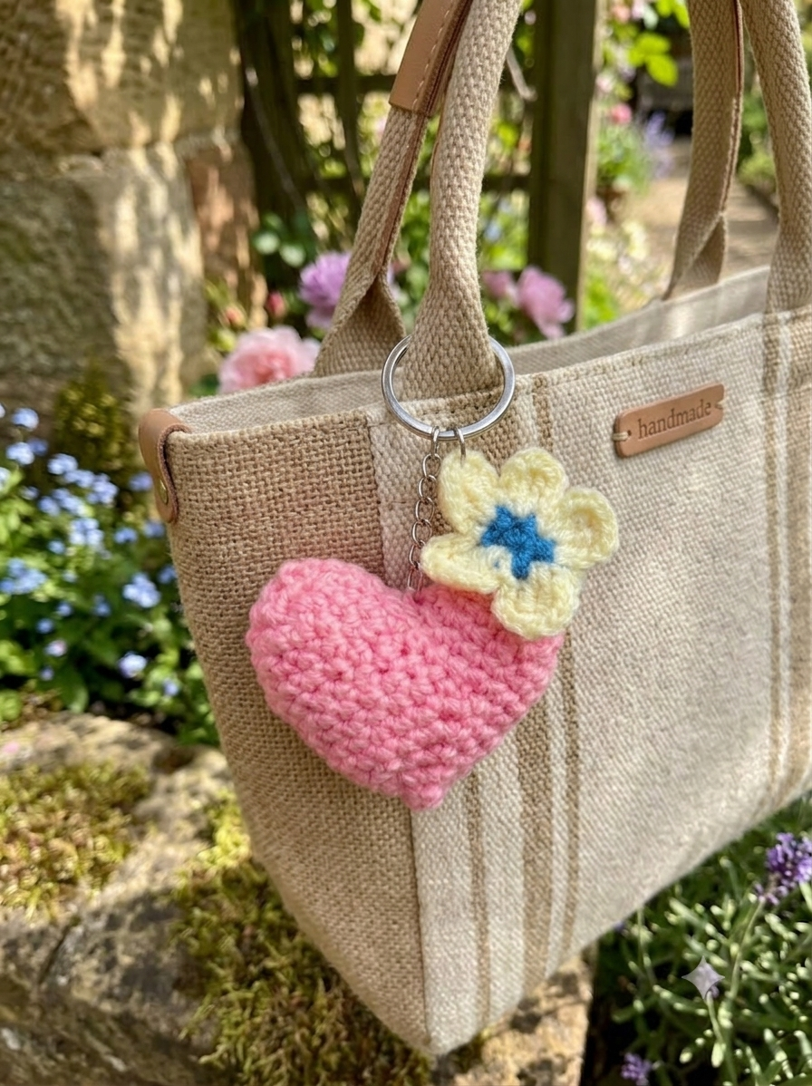 Lencho handmade heart and flower combo bag charm, detail view