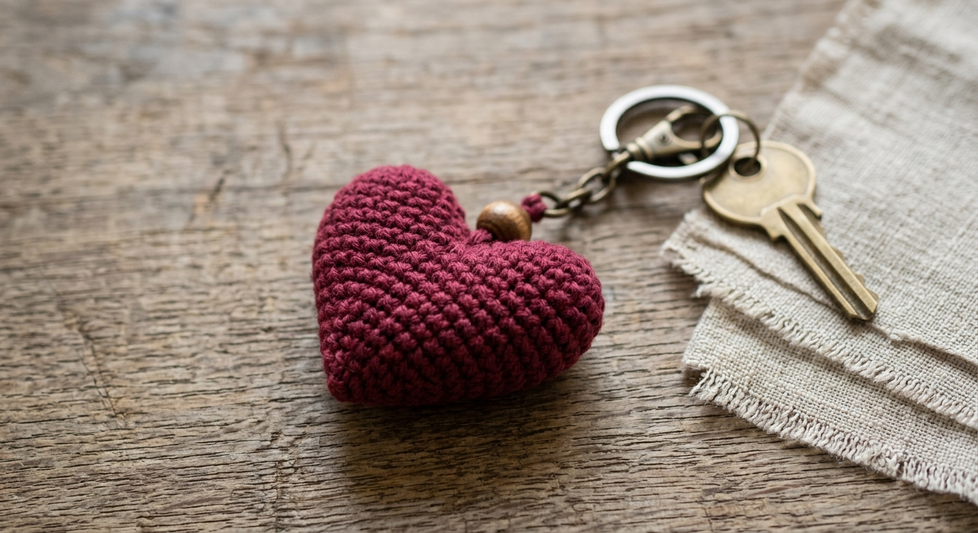 Lencho maroon crochet heart keychain and bag charm, detail view