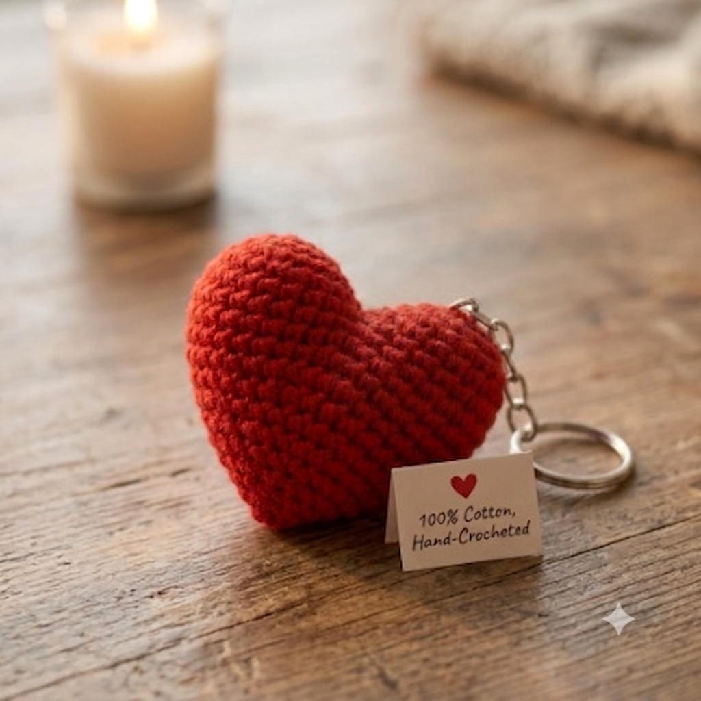 Lencho red crochet heart keychain and bag charm, detail view