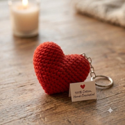 Lencho red crochet heart keychain and bag charm, detail view