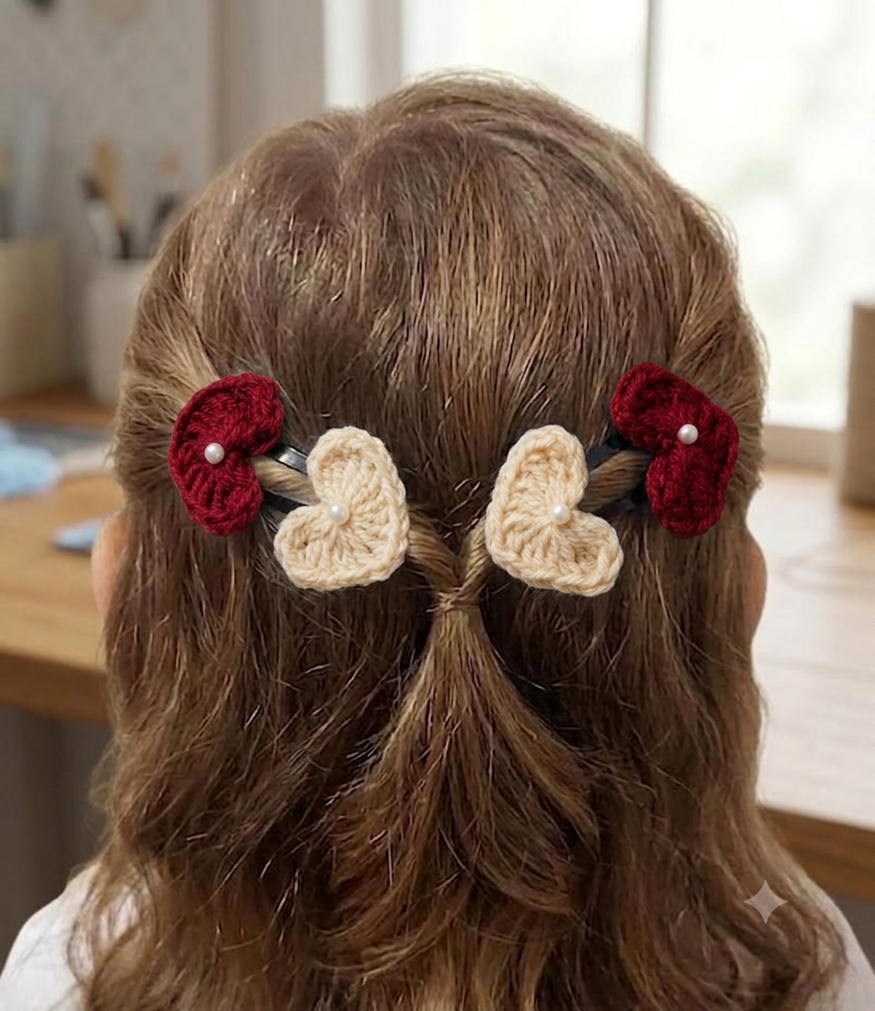 Lencho handmade crochet heart snap hair clips set of 4 in red and cream, product view