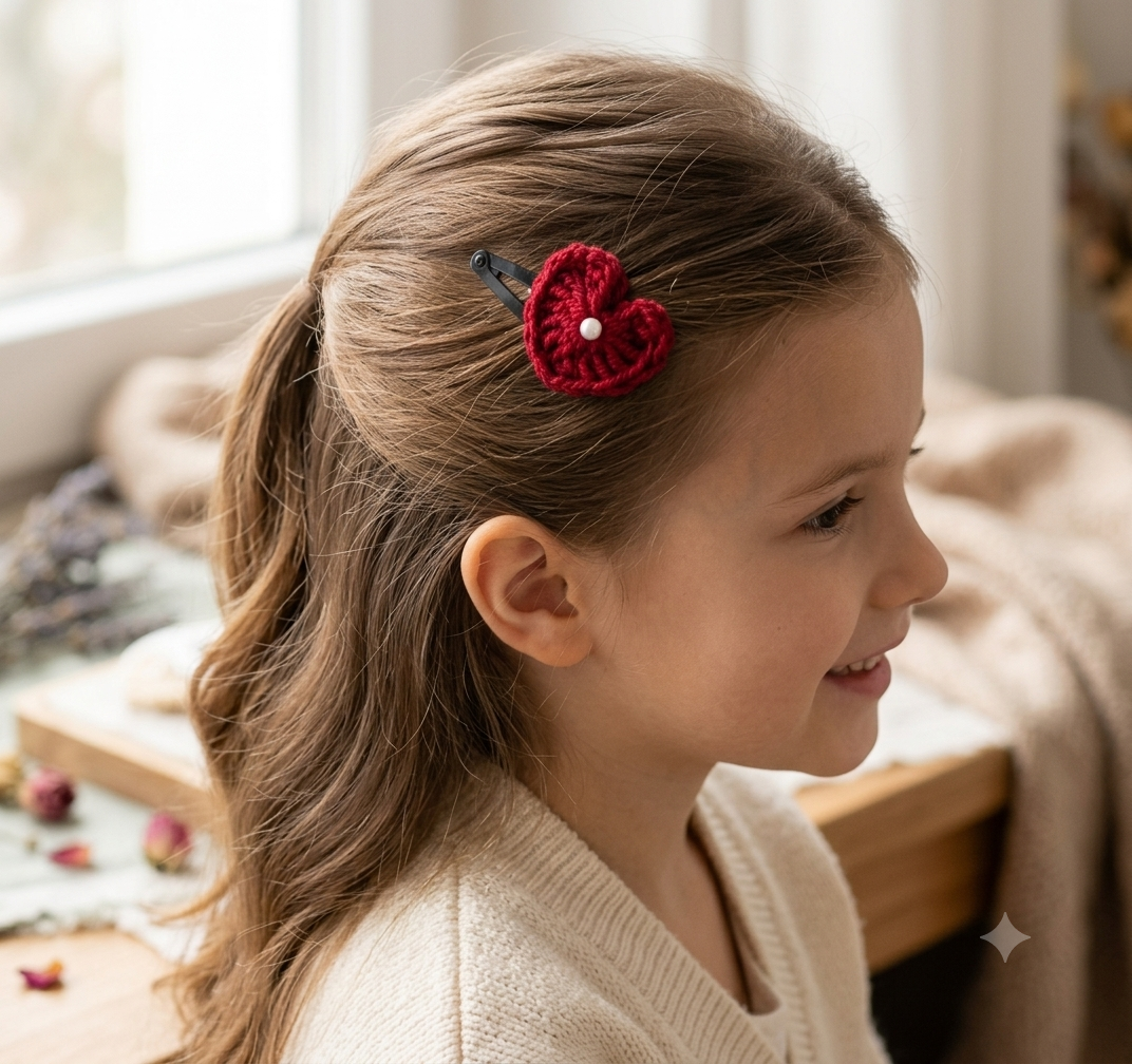 Lencho handmade crochet heart snap hair clips set of 4 in red and cream, lifestyle view