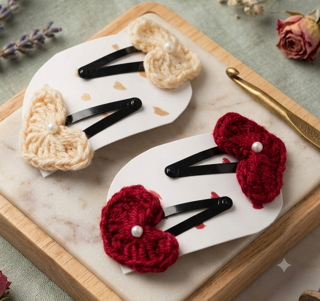 Lencho red and cream crochet heart snap hair clips set of 4, detail view