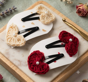 Lencho red and cream crochet heart snap hair clips set of 4, detail view