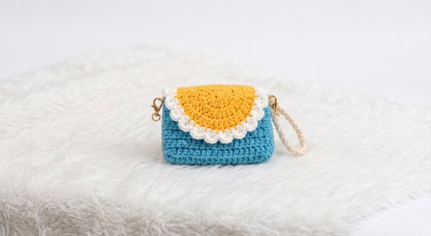 Lencho handmade crochet mini purse bag in blue, front product view