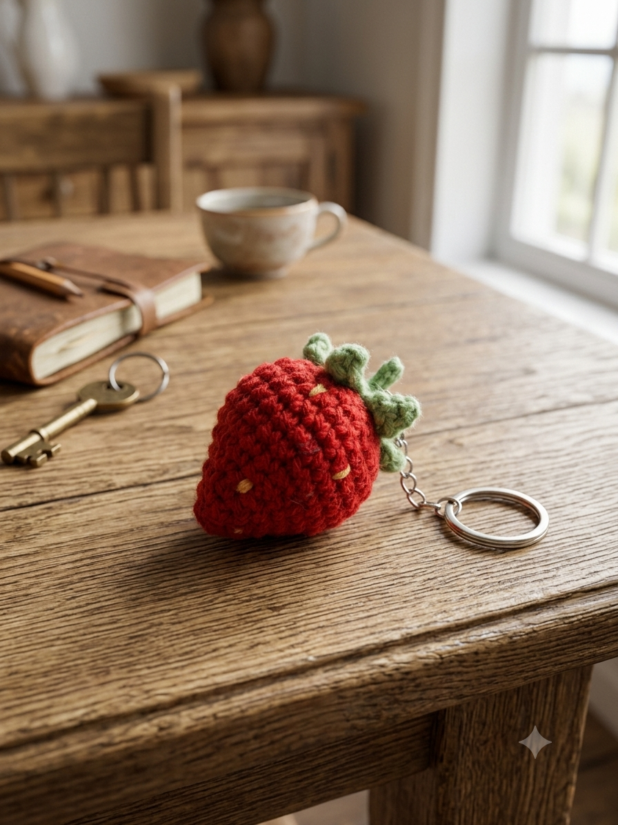 Lencho handmade crochet strawberry keychain in maroon with green leaf detail, product view