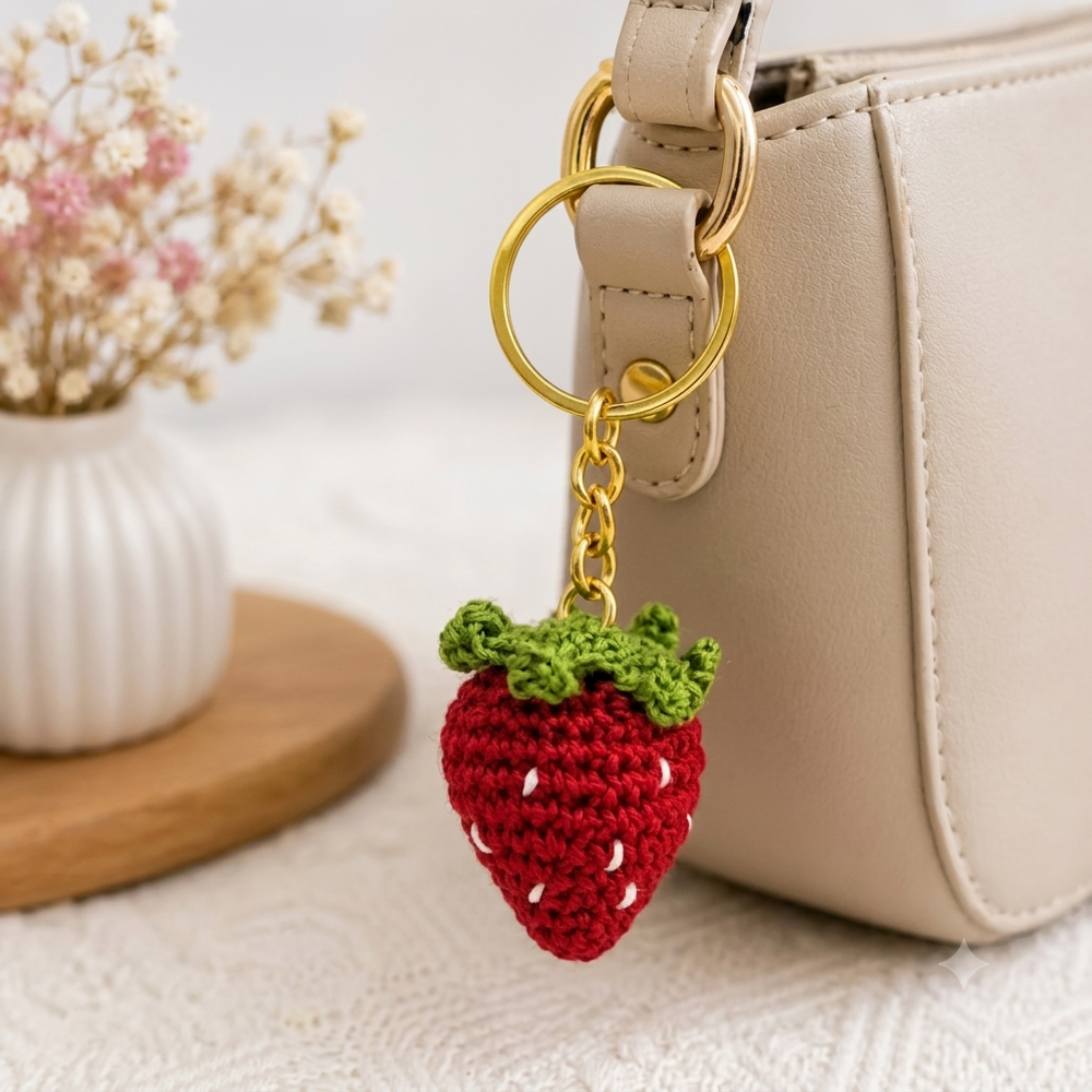 Lencho maroon crochet strawberry keychain, alternate view